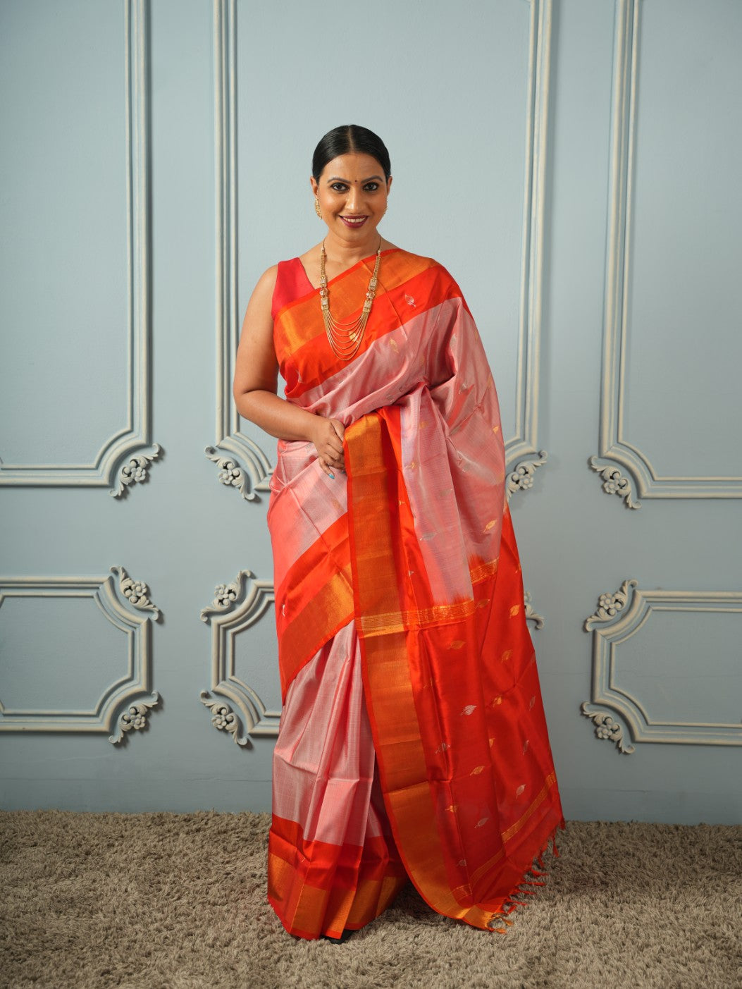 Coral Peach Uppada Silk Saree | SILK MARK CERTIFIED | SHOBITAM