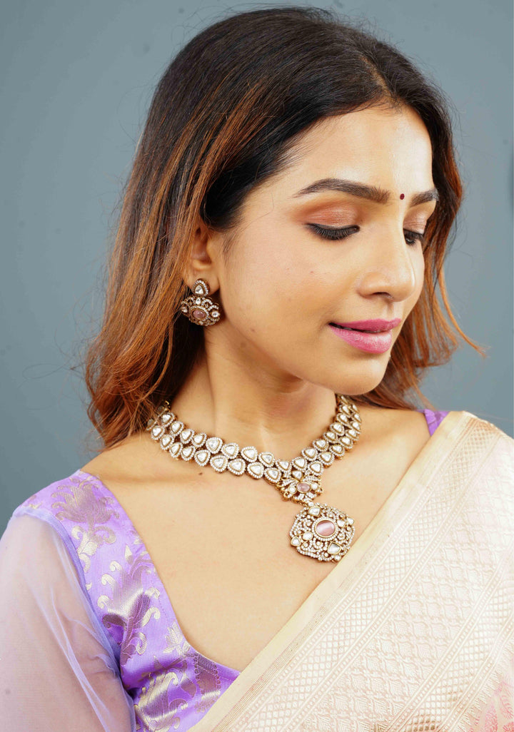 Classic Double layered Victorian Finish necklace set Stone Studded with White and Pink Stones | Shobitam jewelry
