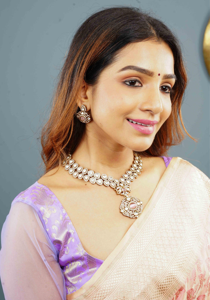 Classic Double layered Victorian Finish necklace set Stone Studded with White and Pink Stones | Shobitam jewelry