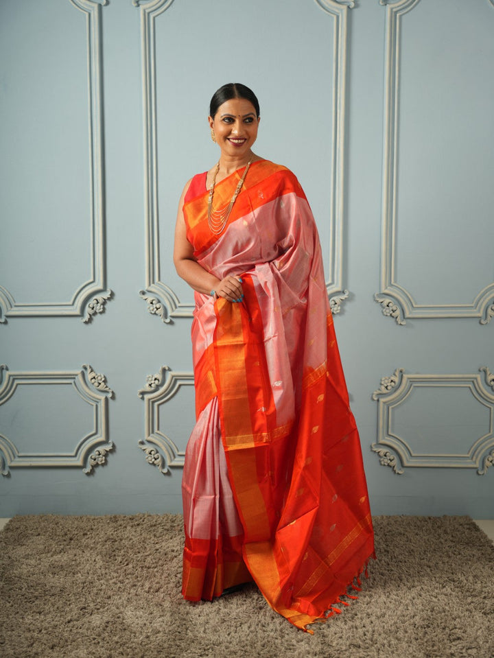 Coral Peach Uppada Silk Saree | SILK MARK CERTIFIED | SHOBITAM