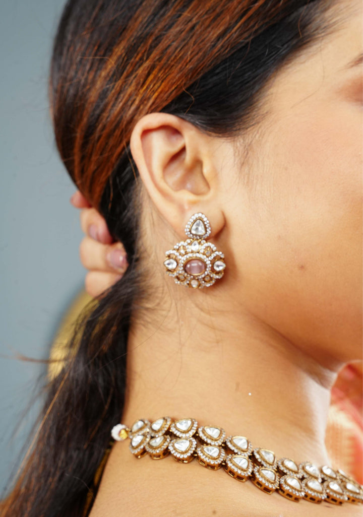 Classic Double layered Victorian Finish necklace set Stone Studded with White and Pink Stones | Shobitam jewelry
