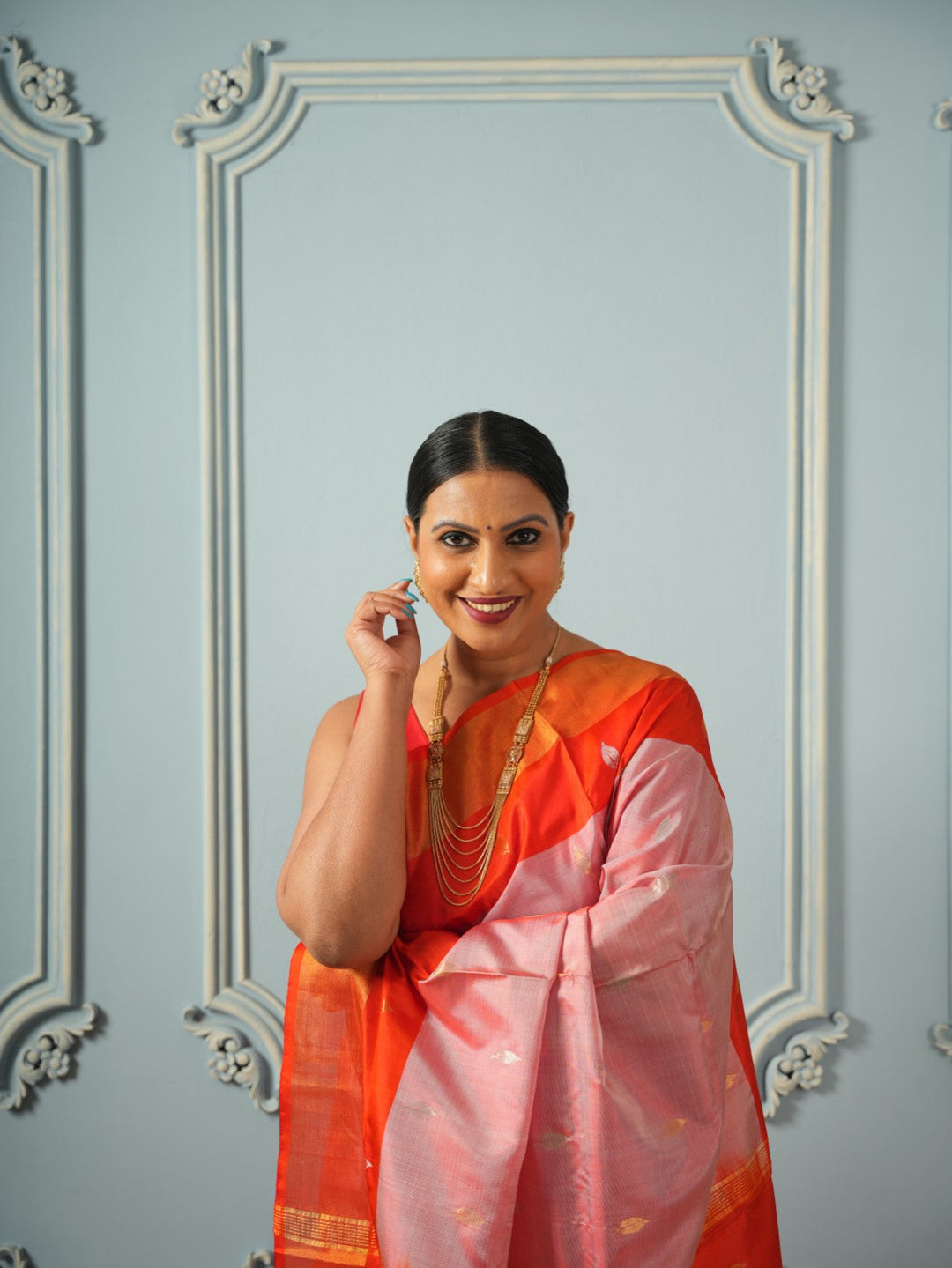 Coral Peach Uppada Silk Saree | SILK MARK CERTIFIED | SHOBITAM