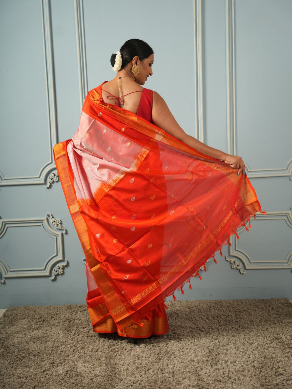 Coral Peach Uppada Silk Saree | SILK MARK CERTIFIED | SHOBITAM