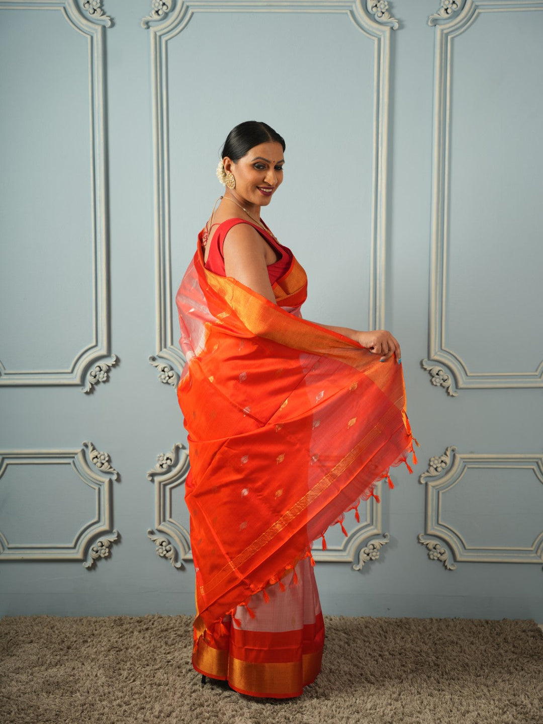 Coral Peach Uppada Silk Saree | SILK MARK CERTIFIED | SHOBITAM