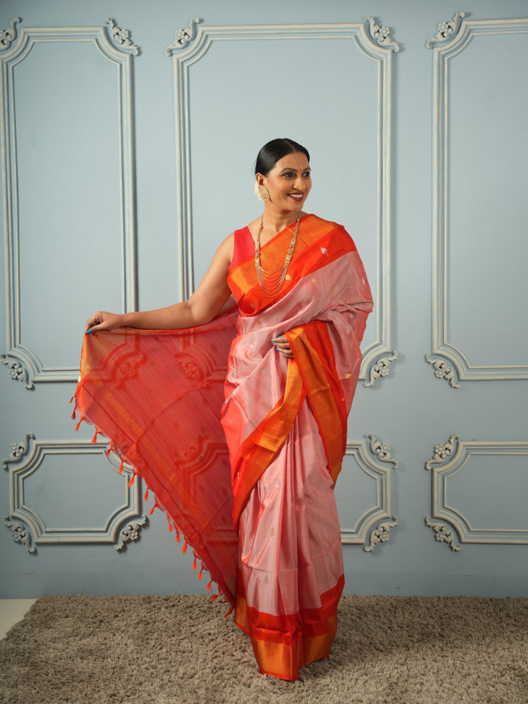 Coral Peach Uppada Silk Saree | SILK MARK CERTIFIED | SHOBITAM