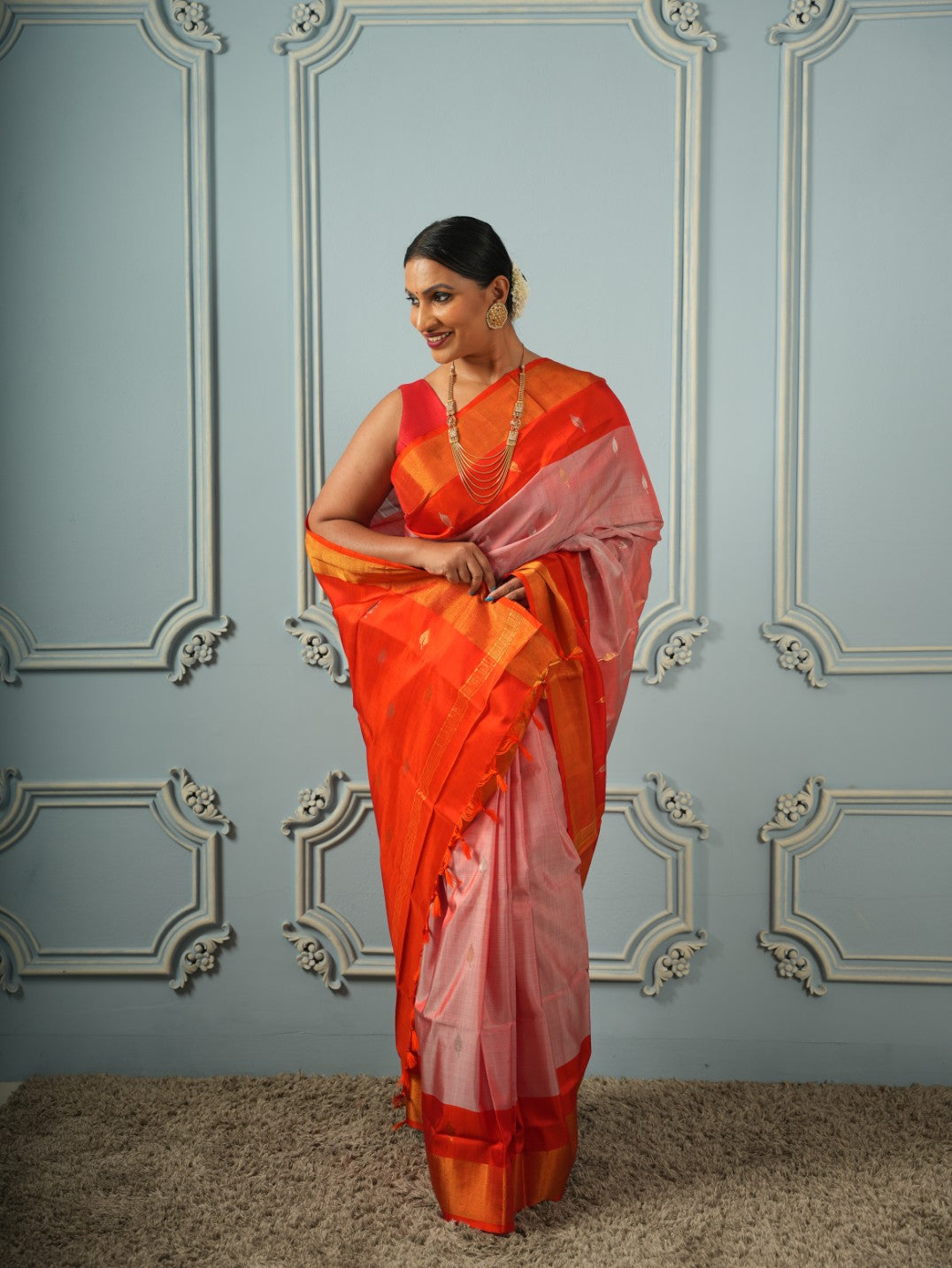 Coral Peach Uppada Silk Saree | SILK MARK CERTIFIED | SHOBITAM