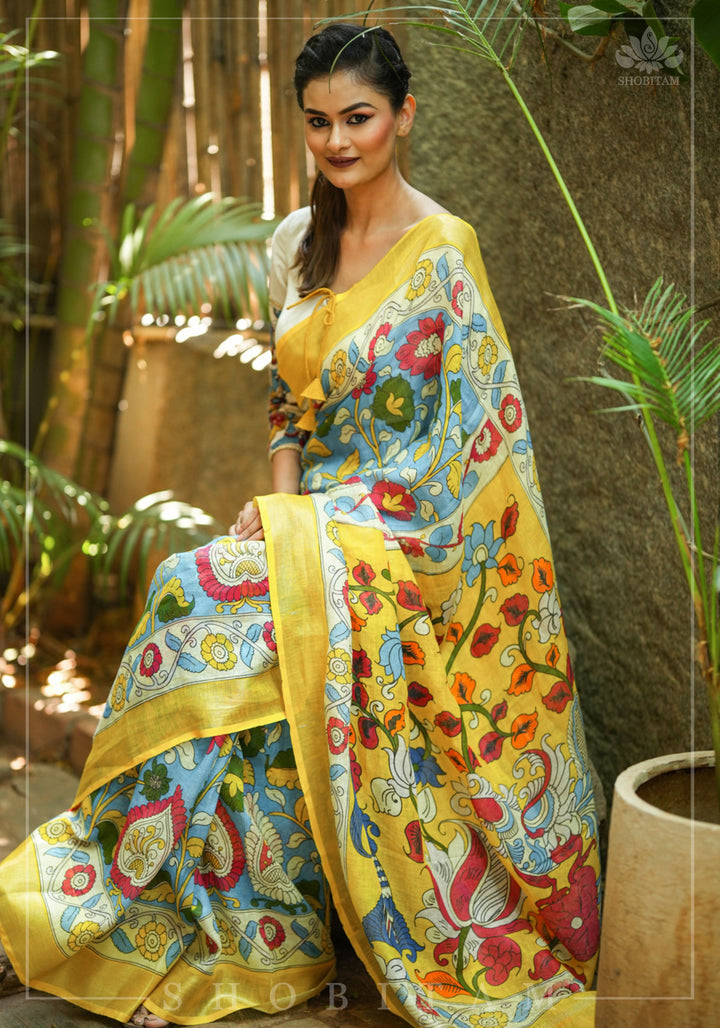 Blue Kalamkari Linen Saree with Digital Print | Shobitam Saree