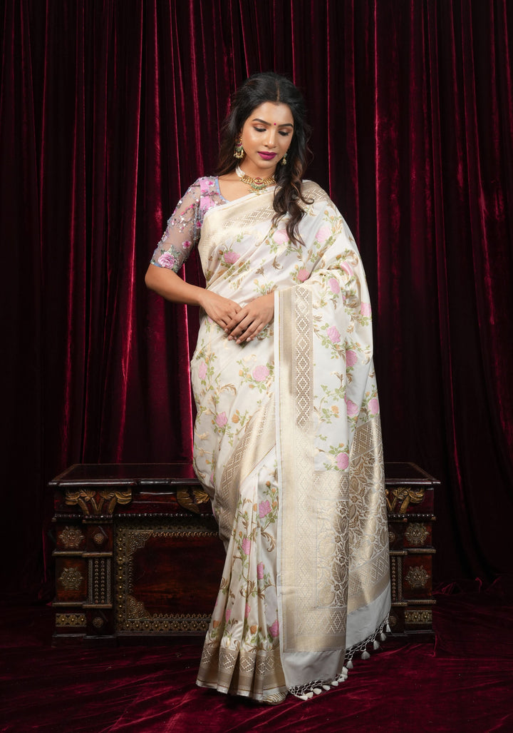 Off White Exquisite Meenakari Rose Jaal Semi Silk Saree and zari border