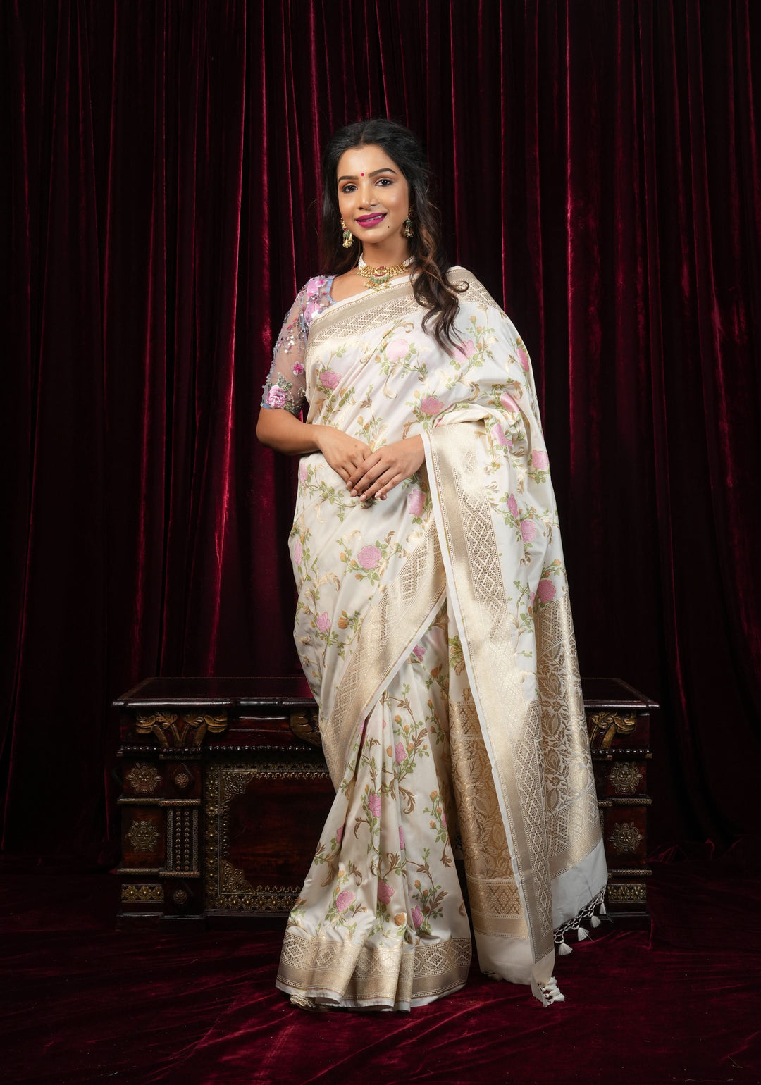 Off White Exquisite Meenakari Rose Jaal Semi Silk Saree and zari border