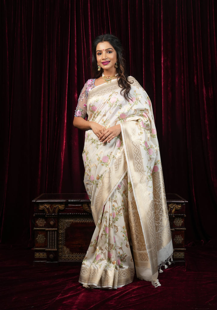 Off White Exquisite Meenakari Rose Jaal Semi Silk Saree and zari border