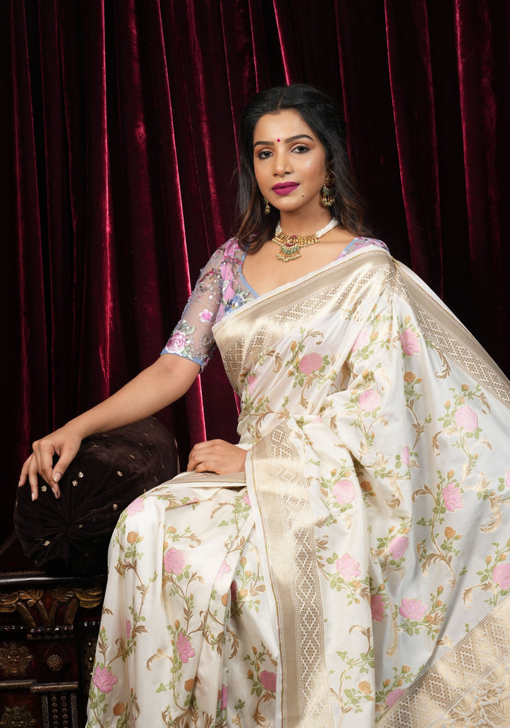 Off White Exquisite Meenakari Rose Jaal Semi Silk Saree and zari border