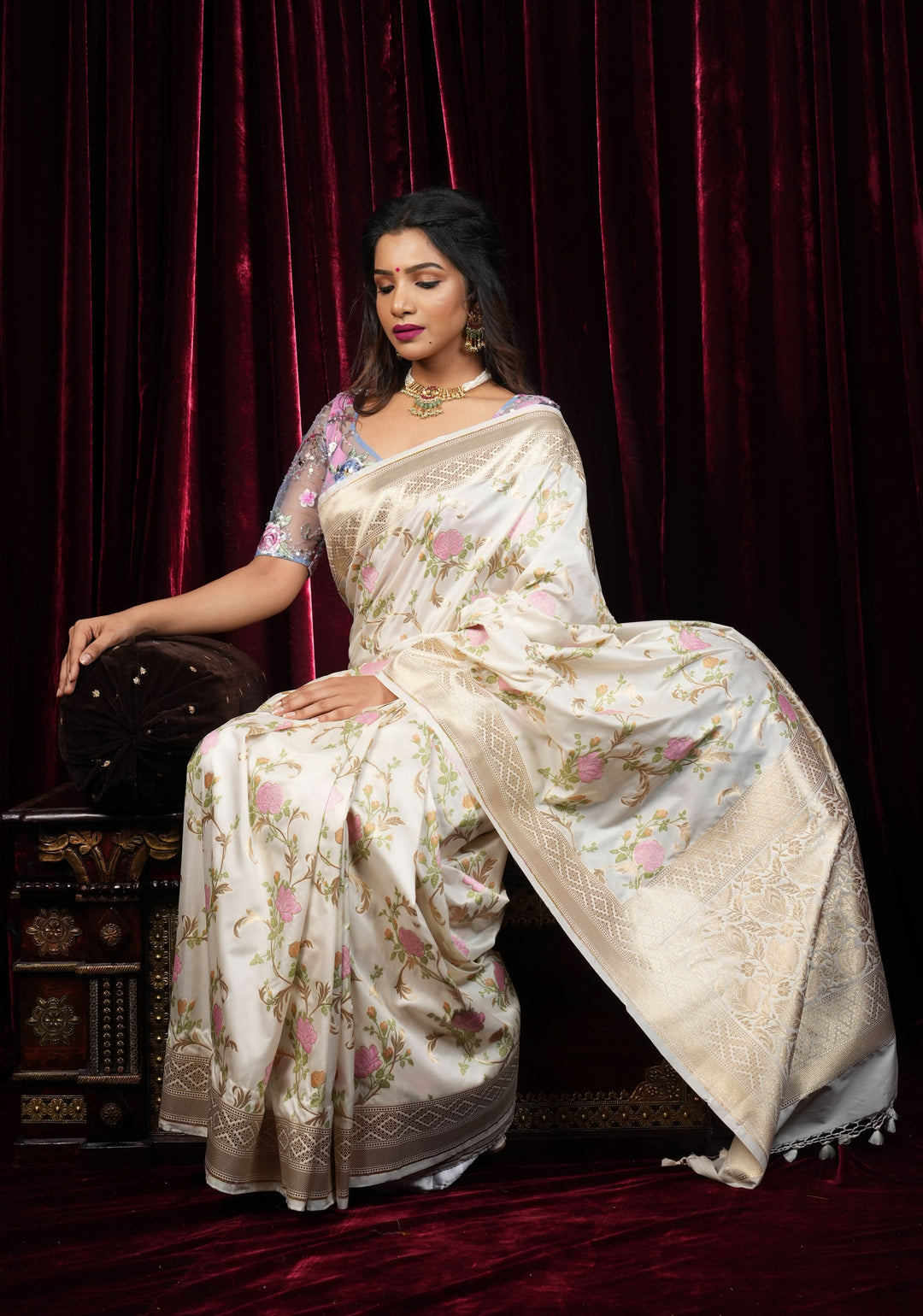 Off White Exquisite Meenakari Rose Jaal Semi Silk Saree and zari border