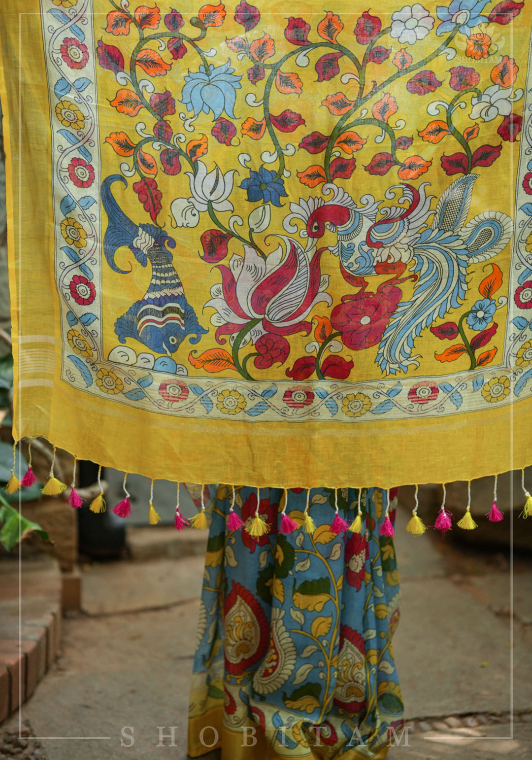 Blue Kalamkari Linen Saree with Digital Print | Shobitam Saree