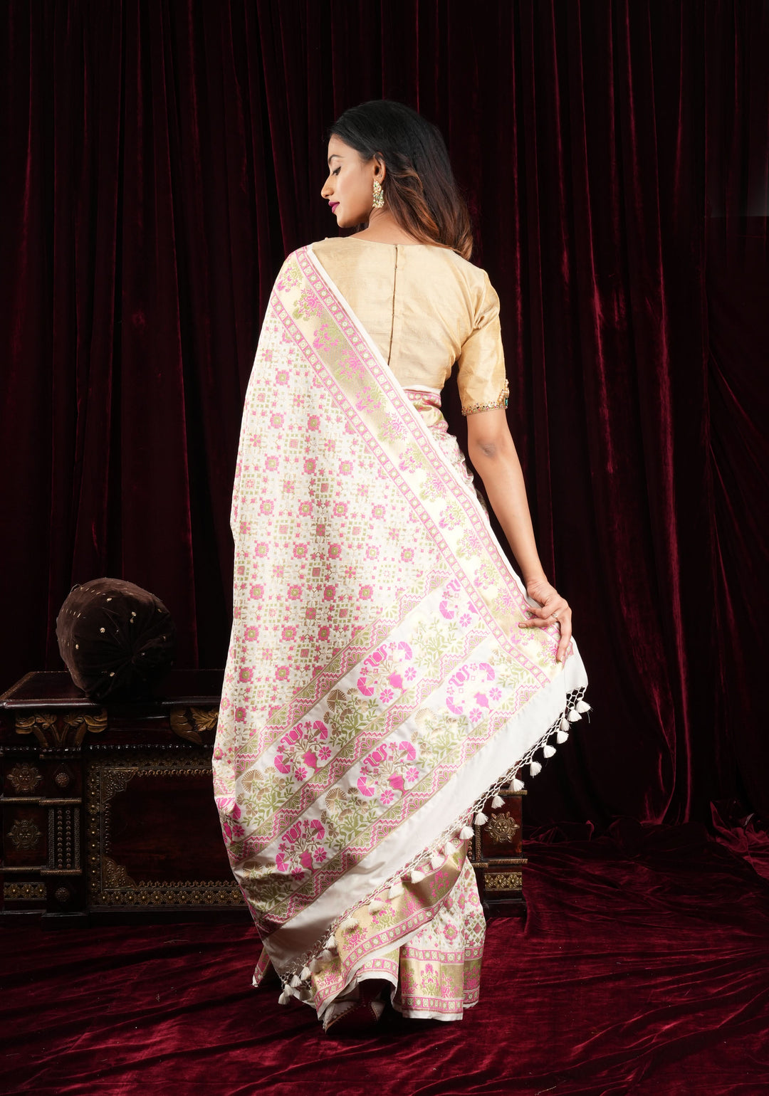Exquisite Off White Semi Silk Saree with Patola  Meenakari Jaal and Zari Borders