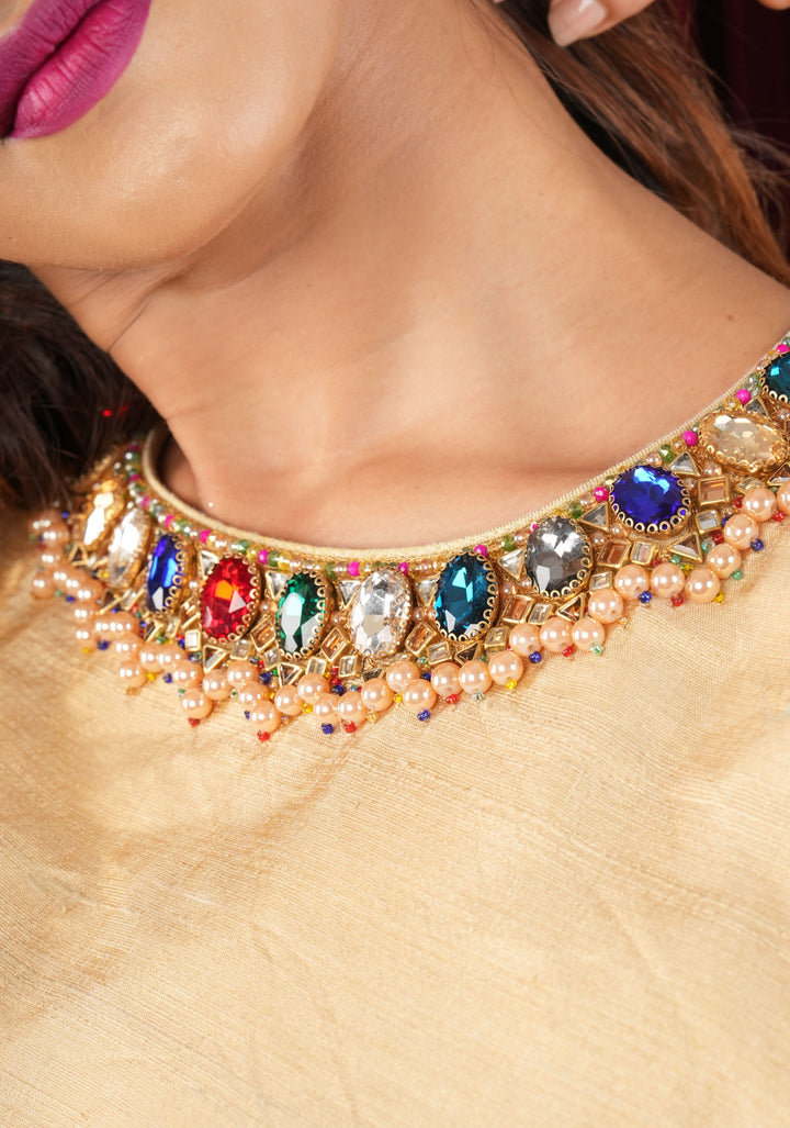 Multicolor Necklace and bajuband handwork detailing on Sandal Pure Tissue Raw Silk Blouse