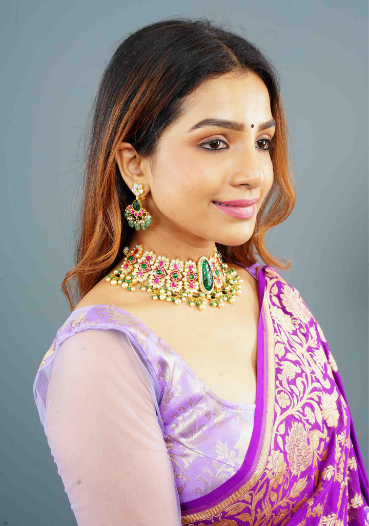 Traditional Jadau Kundan Choker Set With Dangling Pearls And Matching Earrings