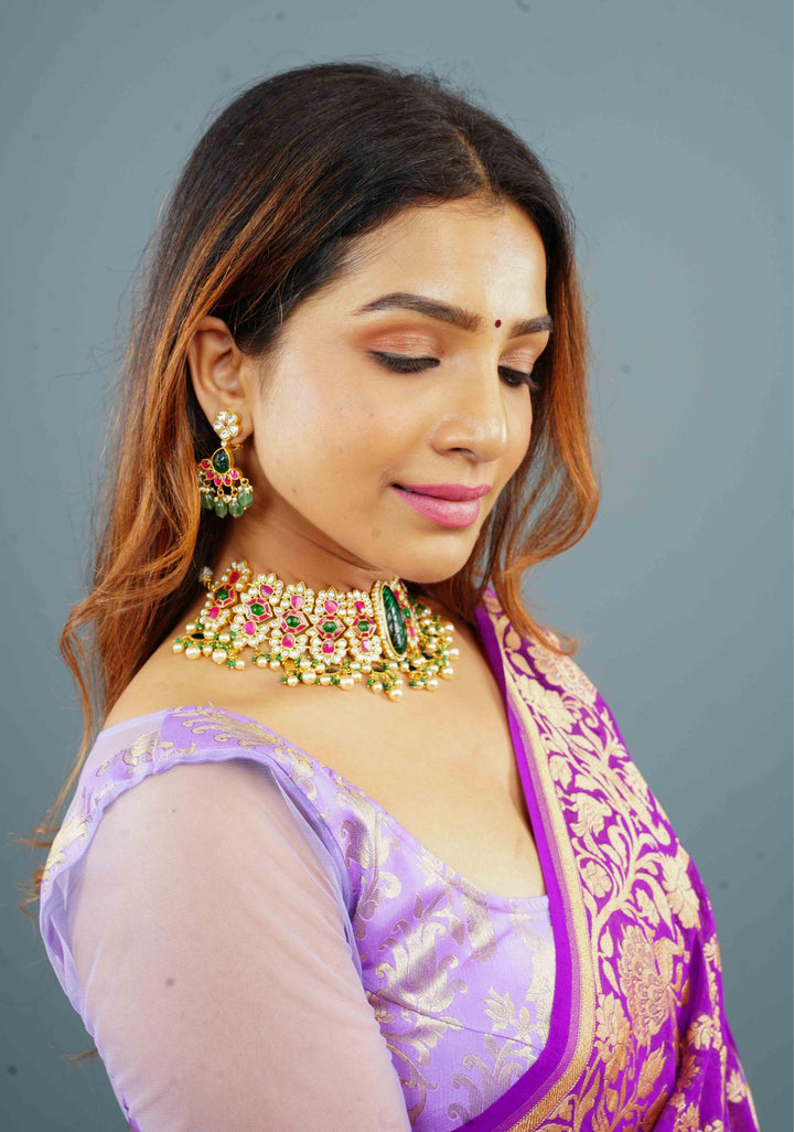 Traditional Jadau Kundan Choker Set With Dangling Pearls And Matching Earrings