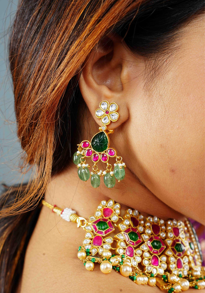 Traditional Jadau Kundan Choker Set With Dangling Pearls And Matching Earrings