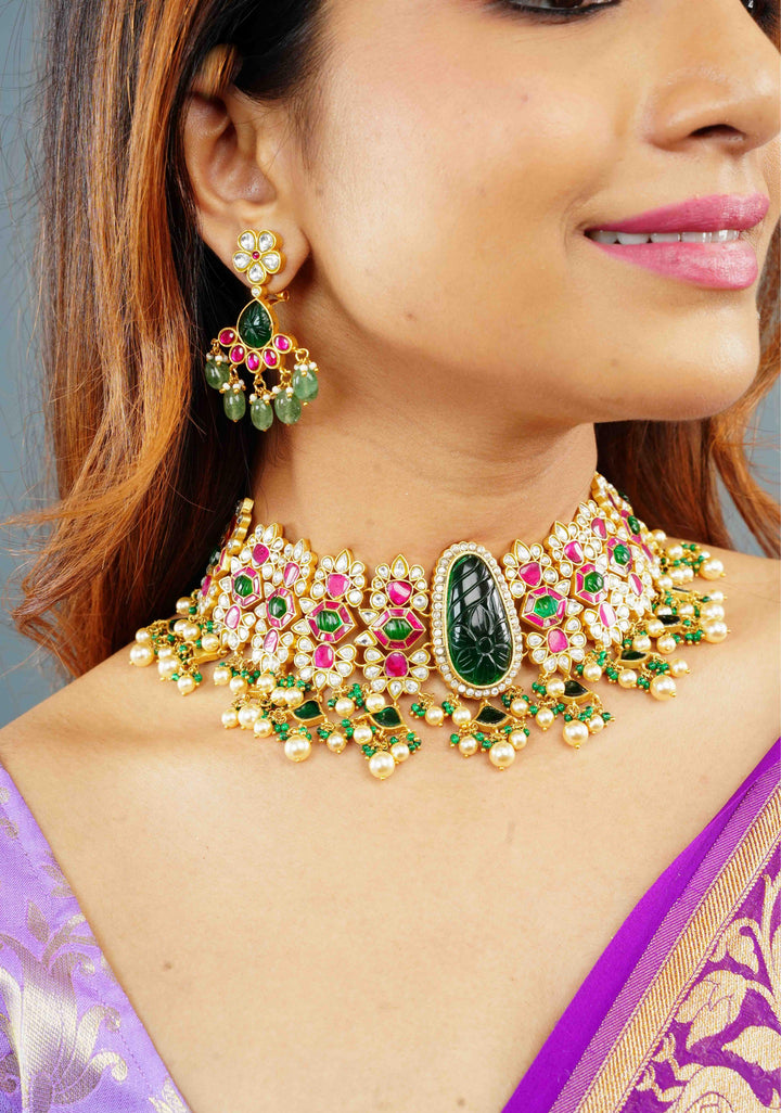 Traditional Jadau Kundan Choker Set With Dangling Pearls And Matching Earrings