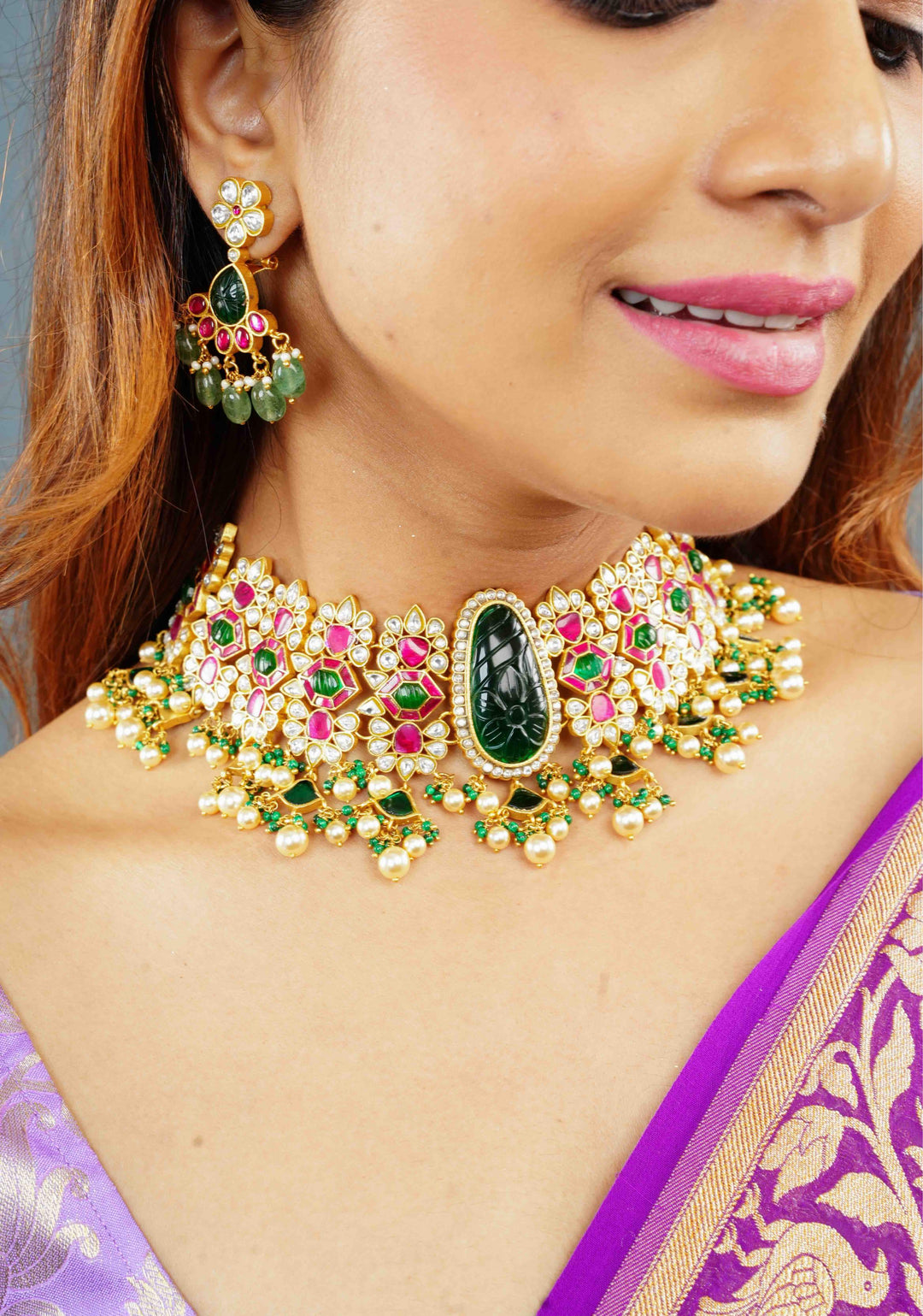 Traditional Jadau Kundan Choker Set With Dangling Pearls And Matching Earrings