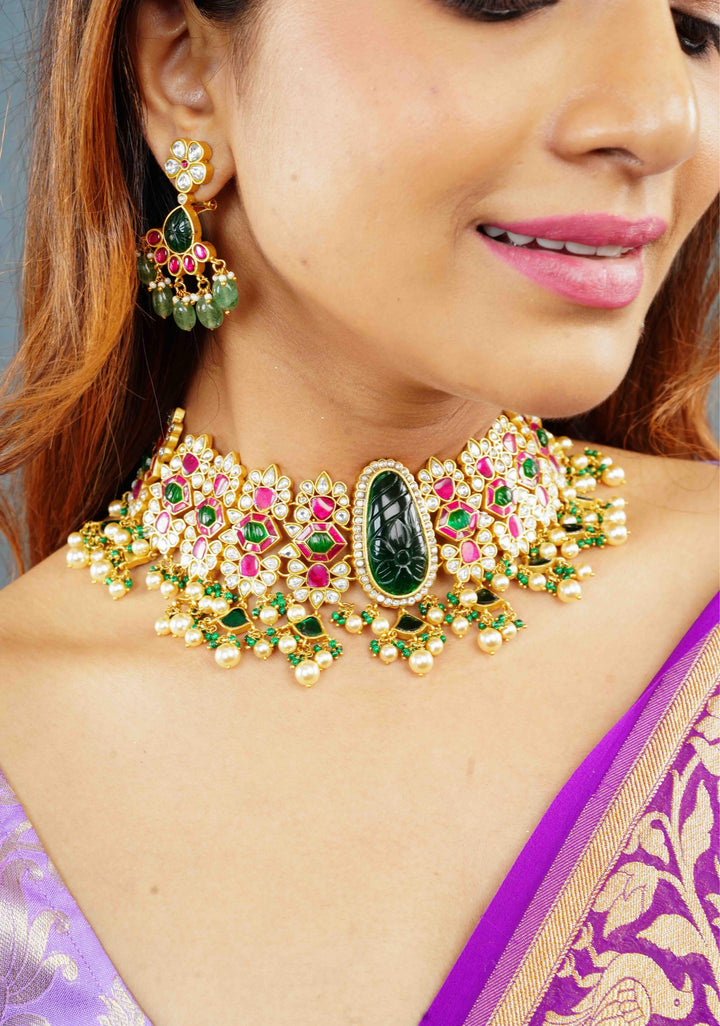 Traditional Jadau Kundan Choker Set With Dangling Pearls And Matching Earrings