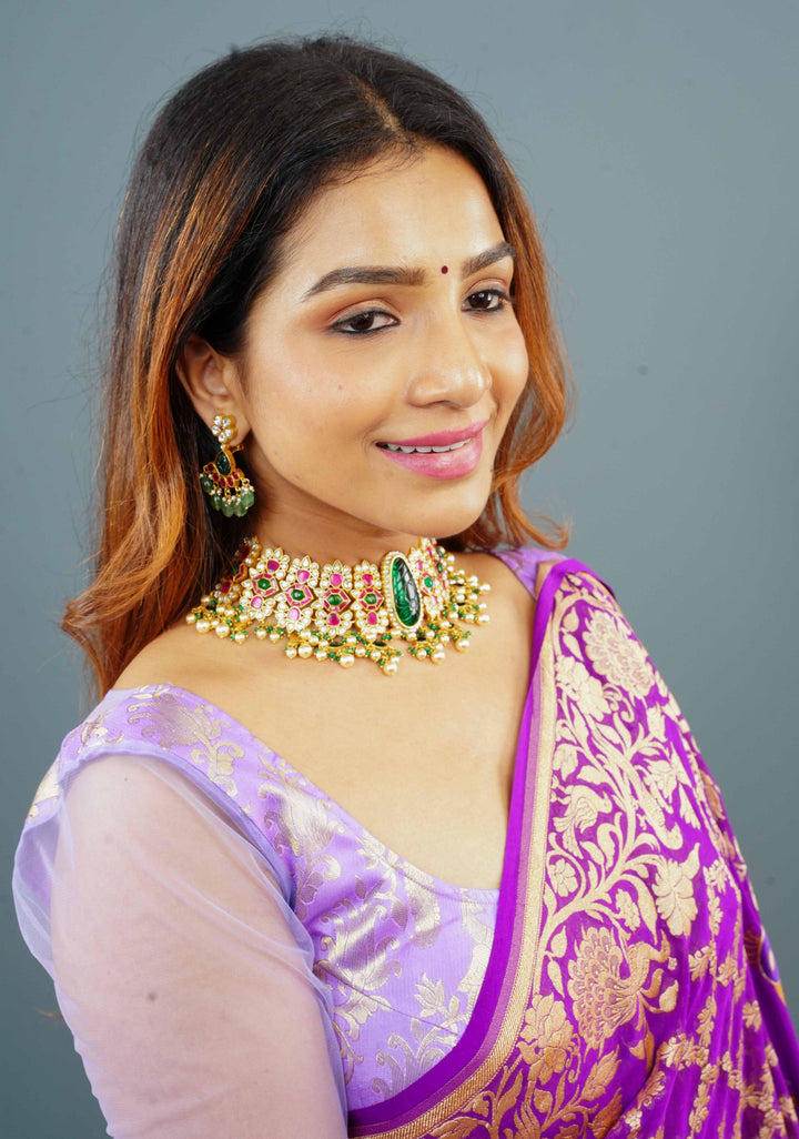 Traditional Jadau Kundan Choker Set With Dangling Pearls And Matching Earrings