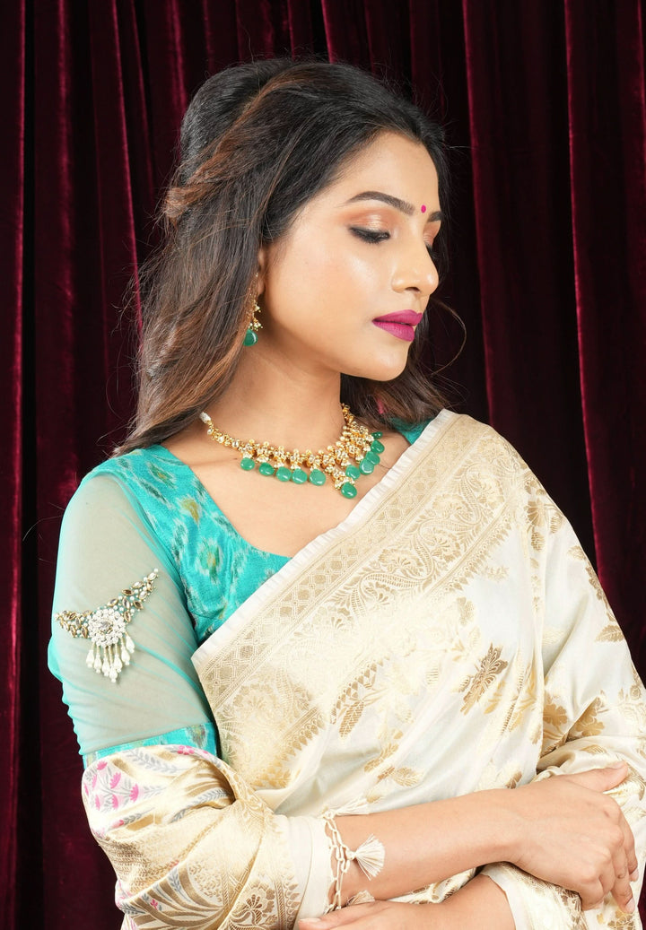 Cyan Pure ikkat  Raw silk blouse with Rhinestone detailing in back and sleeves
