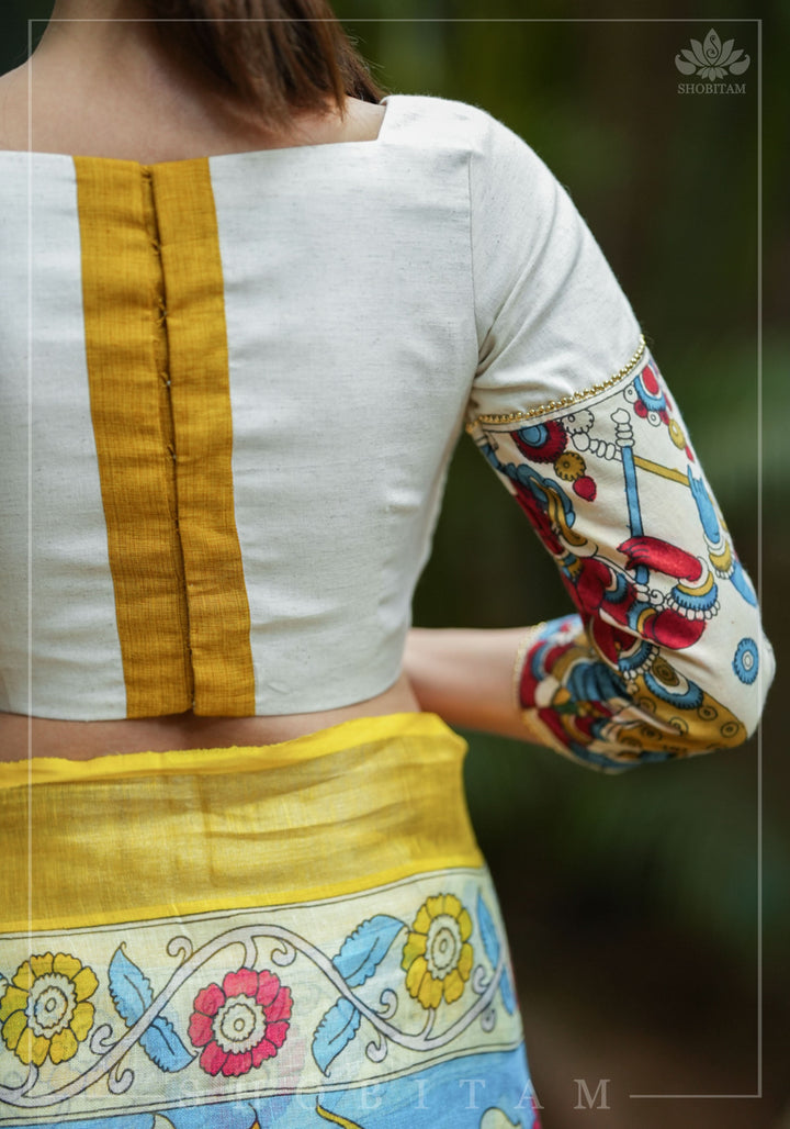Porcelain white square neck blouse with handpainted kalamkari sleeve detailing.