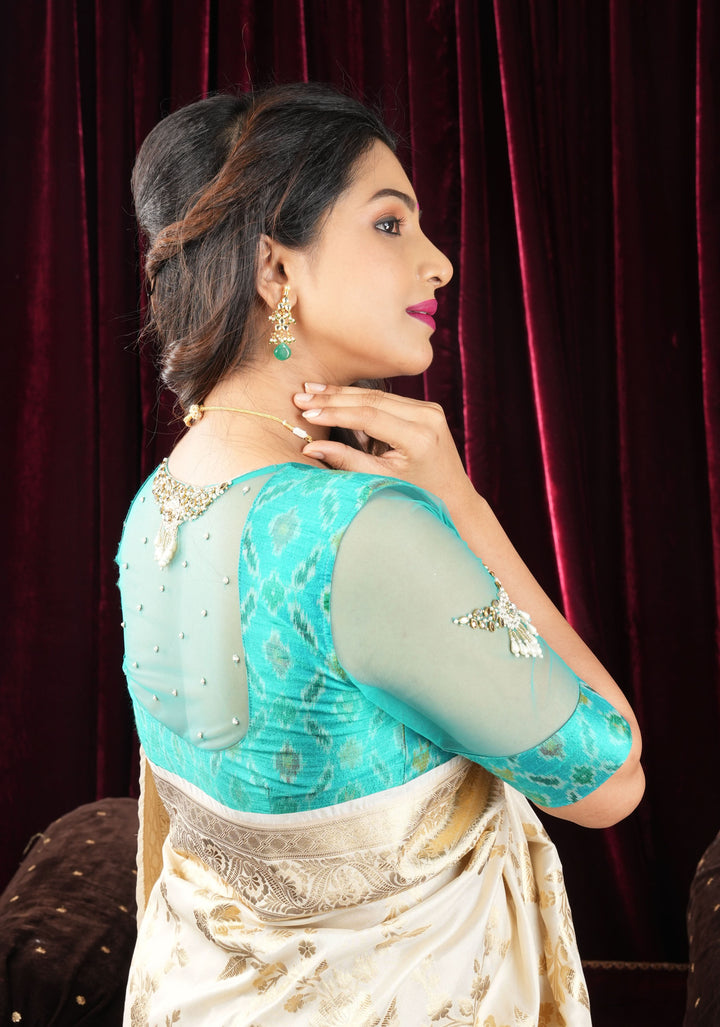 Cyan Pure ikkat  Raw silk blouse with Rhinestone detailing in back and sleeves