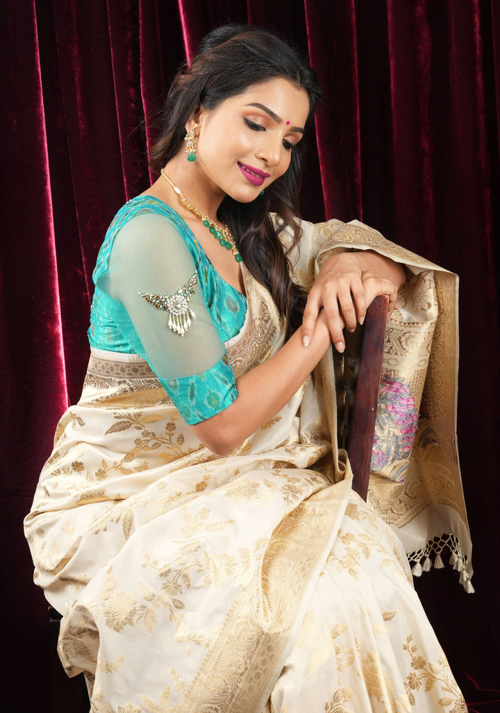 Cyan Pure ikkat  Raw silk blouse with Rhinestone detailing in back and sleeves