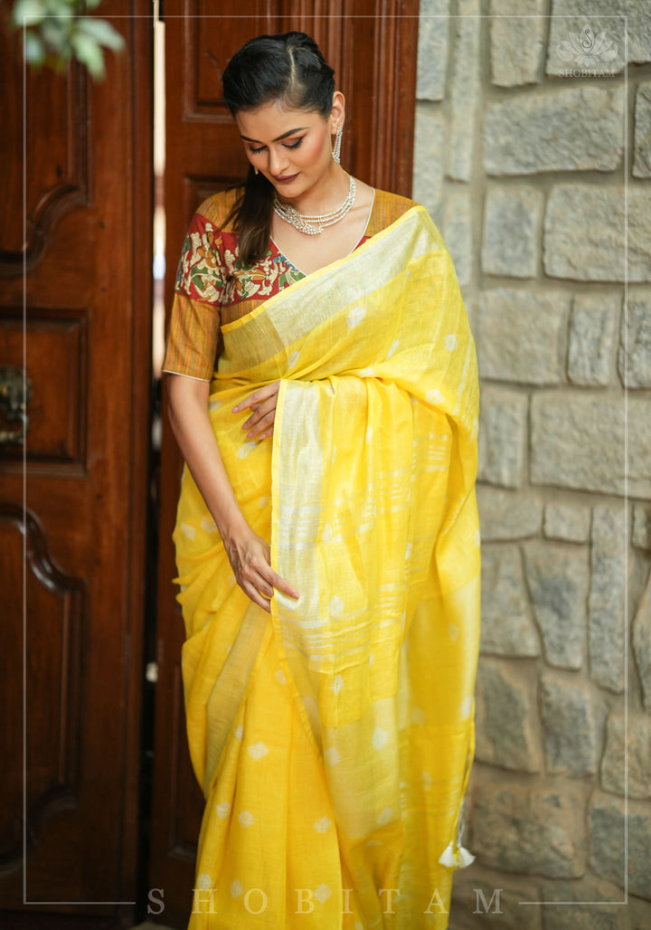 Authentic Bandini - Shibori on Pure Linen by Linen Saree with Zari Border in Sunflower Yellow