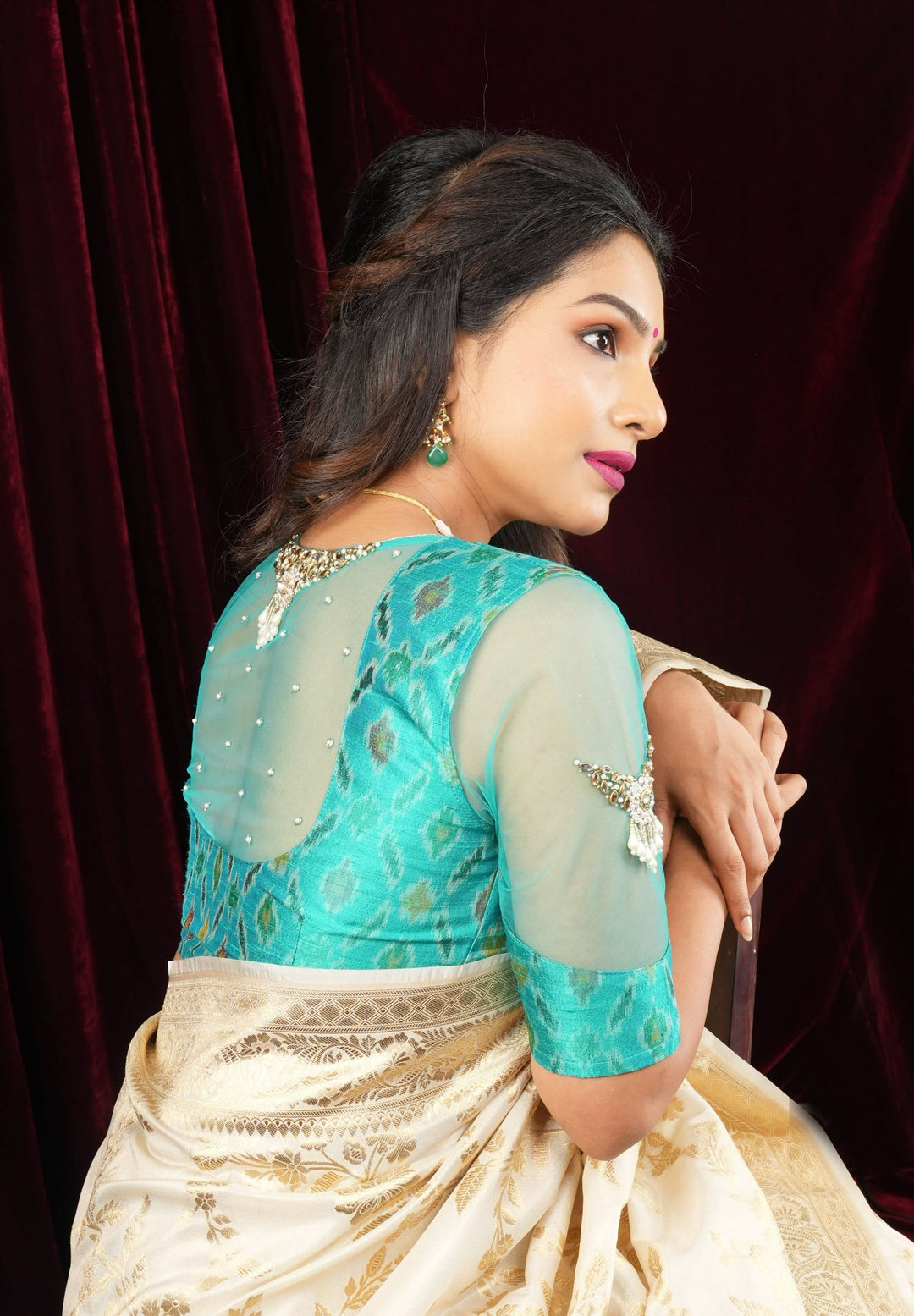 Cyan Pure ikkat  Raw silk blouse with Rhinestone detailing in back and sleeves