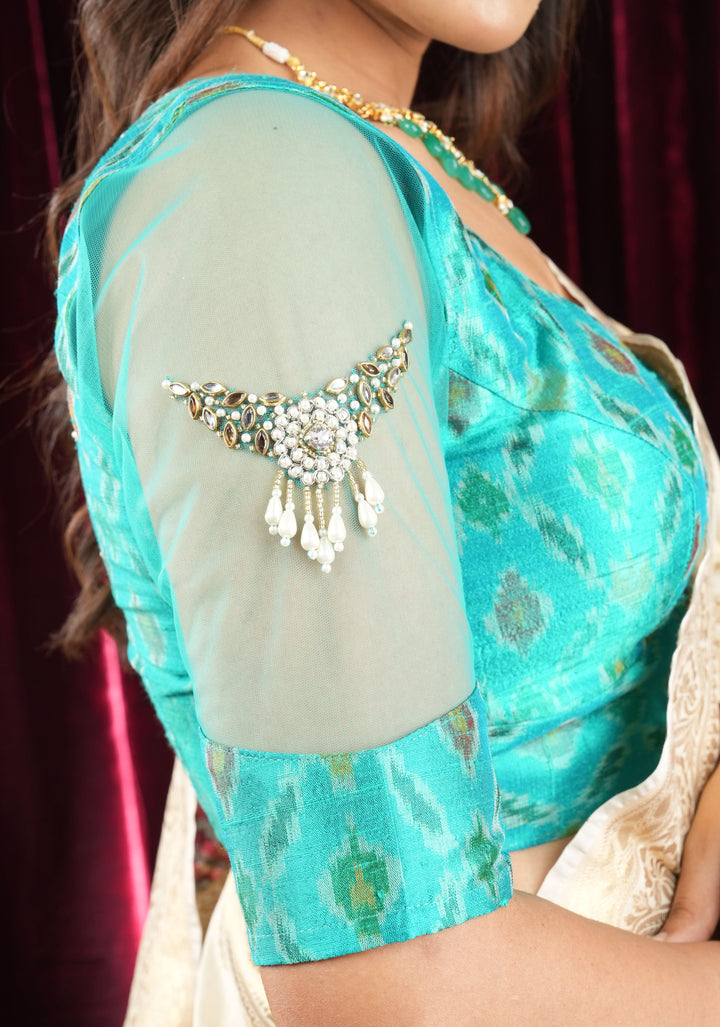 Cyan Pure ikkat  Raw silk blouse with Rhinestone detailing in back and sleeves