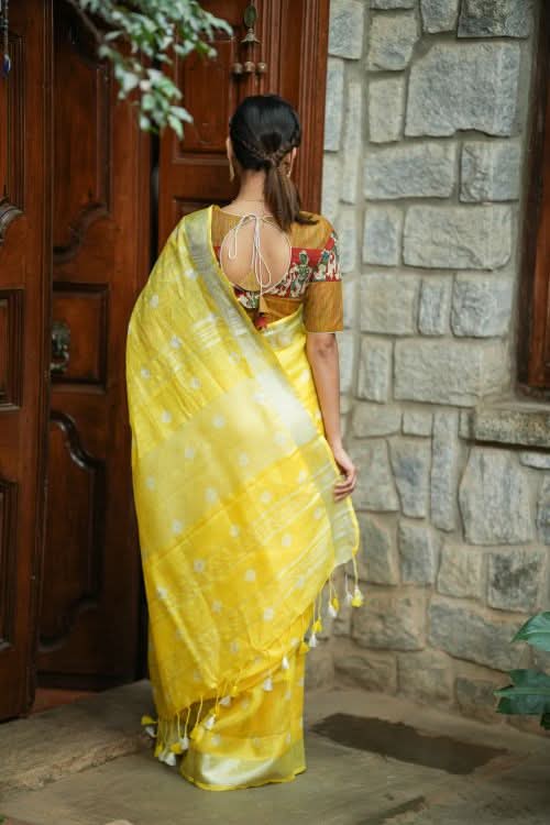 Authentic Bandini - Shibori on Pure Linen by Linen Saree with Zari Border in Sunflower Yellow