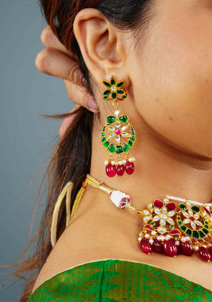 Celestial Ahmedabadi Jadau Necklace and Earrings Set with maroon dangling stones.