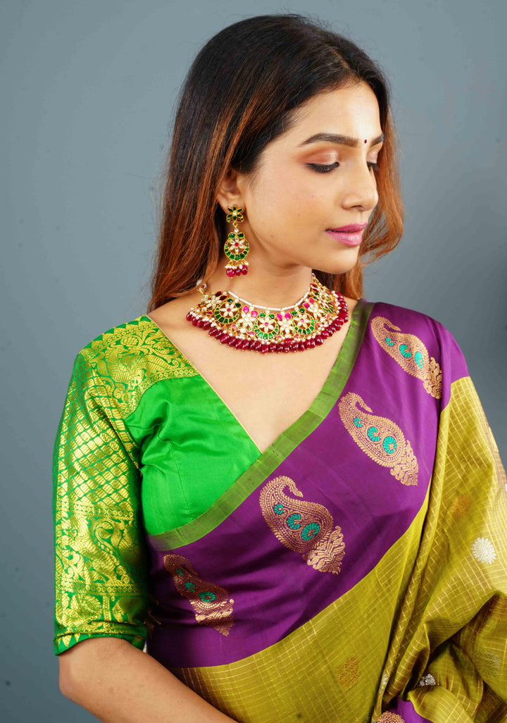 Green Pure Silk blouse with Zari Shoulder and Vanasingaram sleeve borders, Customizable, Made to Order