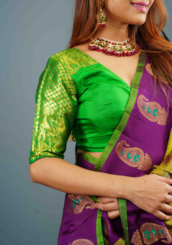 Green Pure Silk blouse with Zari Shoulder and Vanasingaram sleeve borders, Customizable, Made to Order
