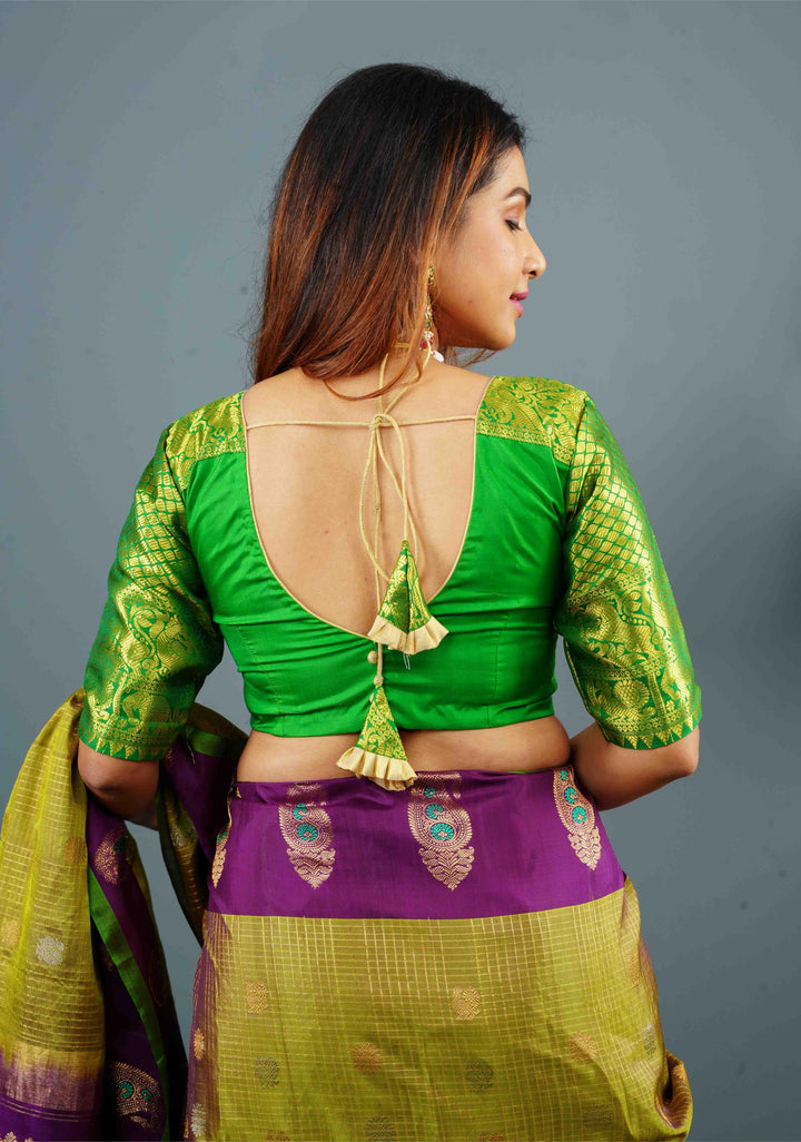 Green Pure Silk blouse with Zari Shoulder and Vanasingaram sleeve borders, Customizable, Made to Order