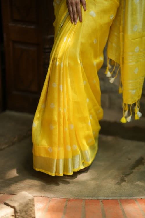 Authentic Bandini - Shibori on Pure Linen by Linen Saree with Zari Border in Sunflower Yellow