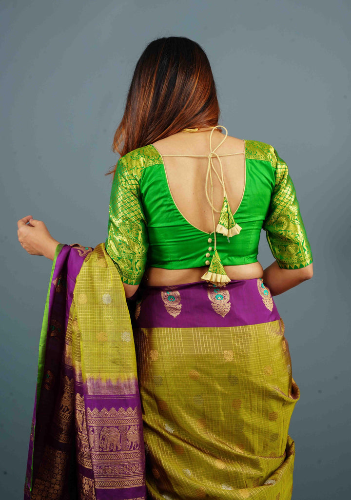 Green Pure Silk blouse with Zari Shoulder and Vanasingaram sleeve borders, Customizable, Made to Order