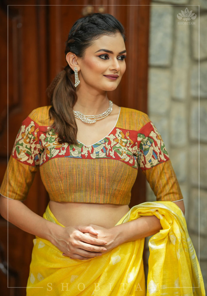 Honey brown handloom cotton V neck blouse with handpainted kalamkari band