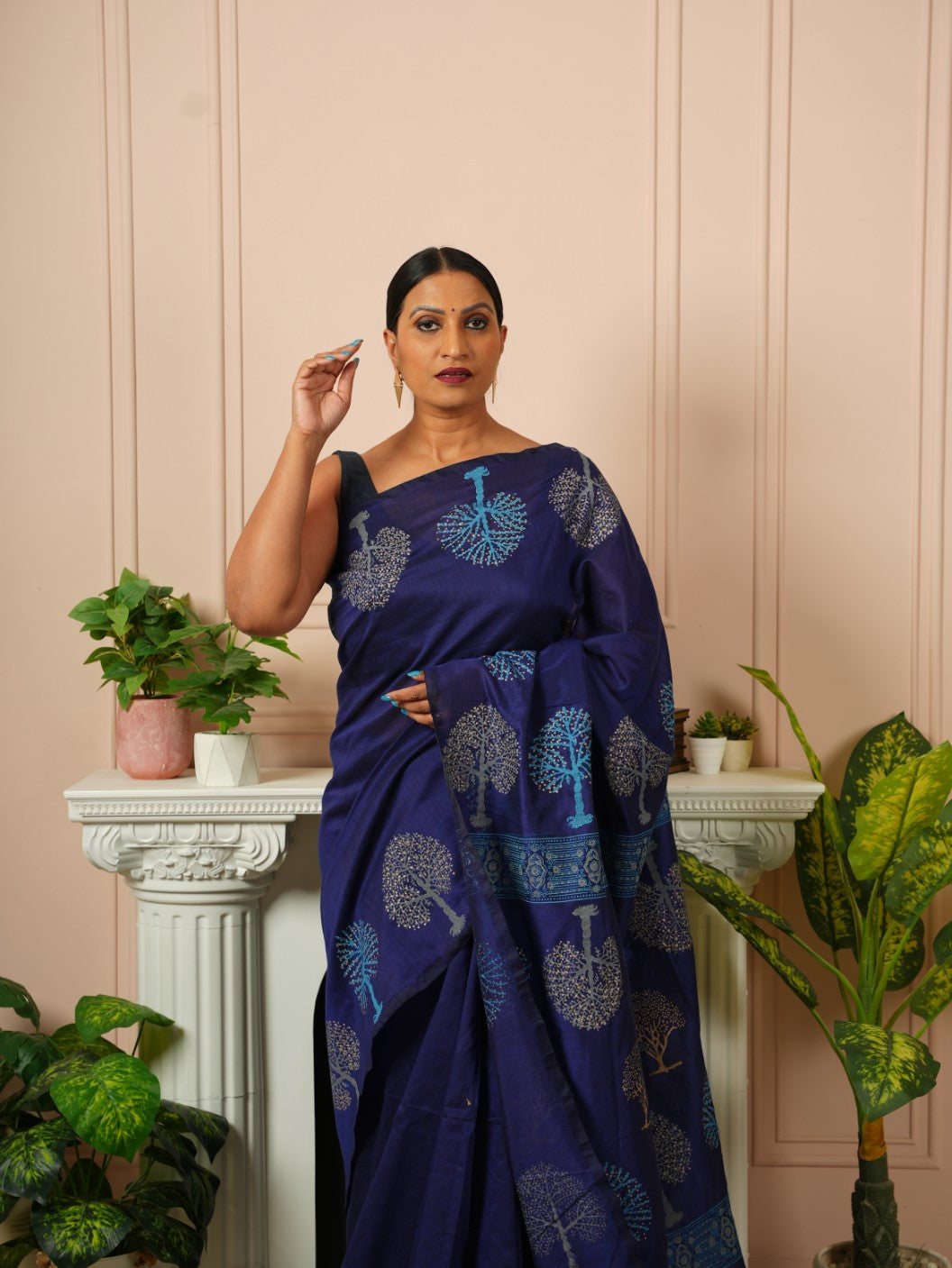 Tree of Life- Dark Blue HandBlock Cotton Saree | SHOBITAM