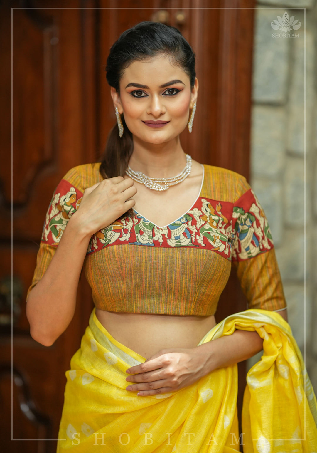 Honey brown handloom cotton V neck blouse with handpainted kalamkari band