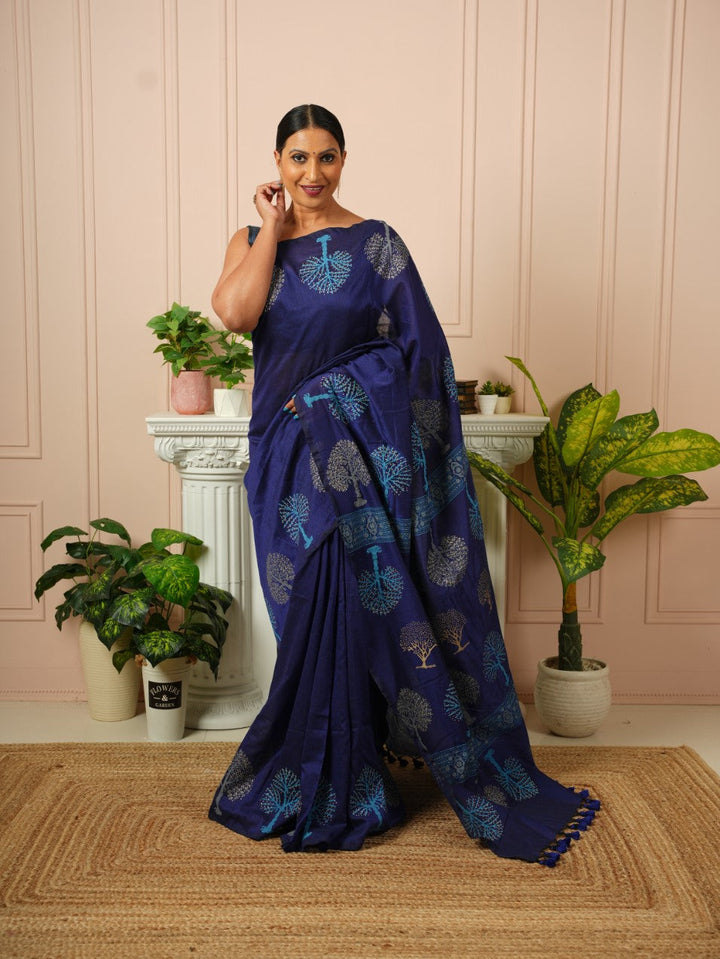 Tree of Life- Dark Blue HandBlock Cotton Saree | SHOBITAM