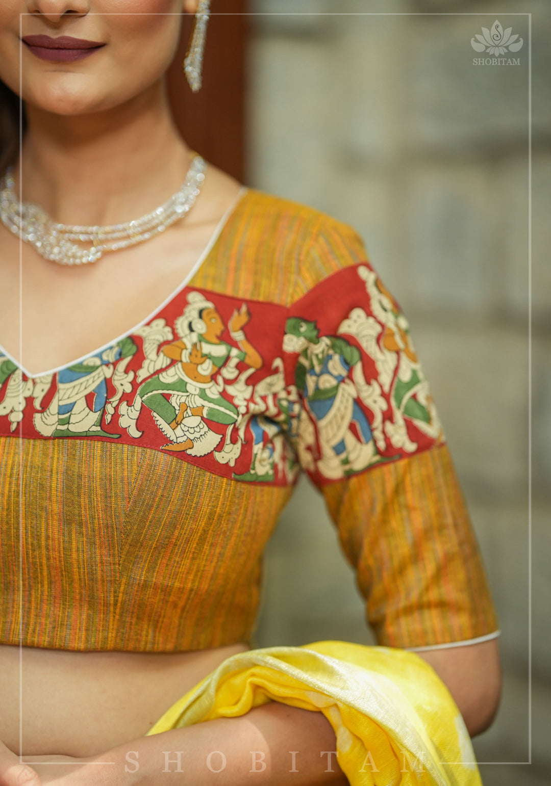 Honey brown handloom cotton V neck blouse with handpainted kalamkari band