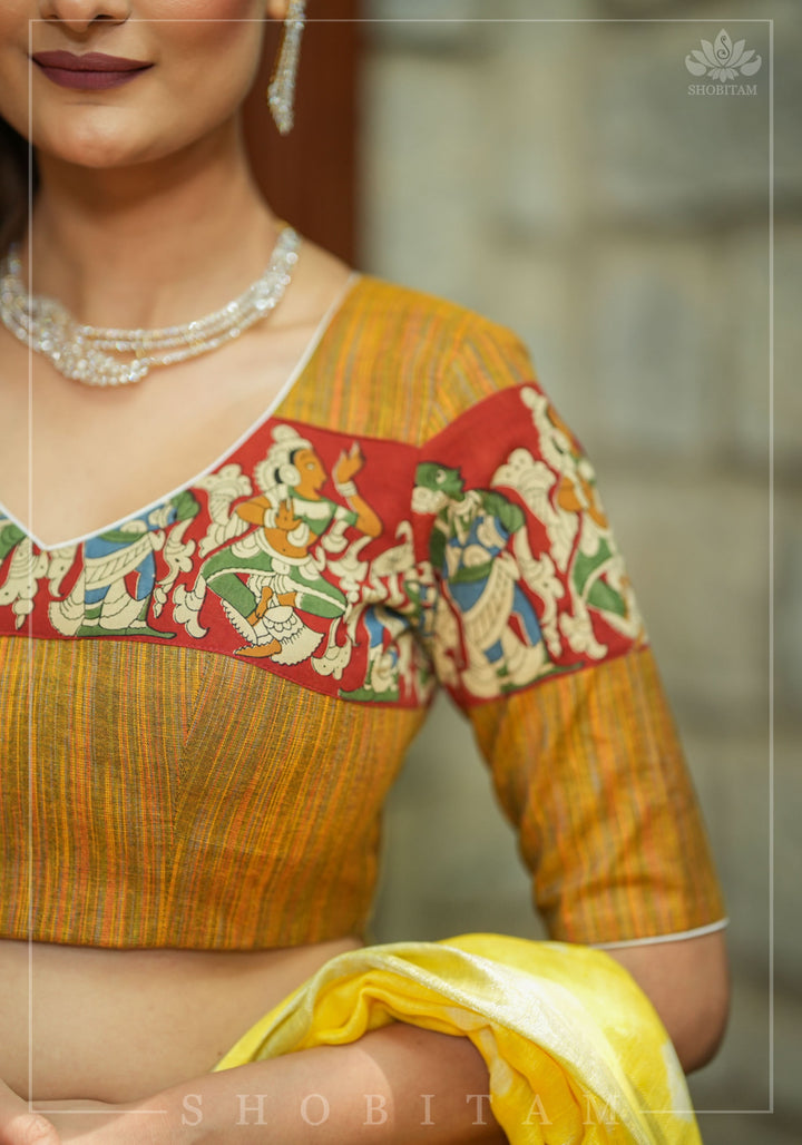 Honey brown handloom cotton V neck blouse with handpainted kalamkari band