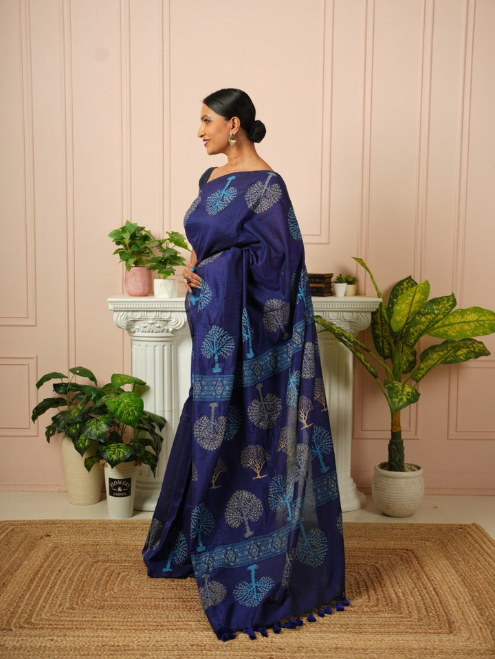 Tree of Life- Dark Blue HandBlock Cotton Saree | SHOBITAM