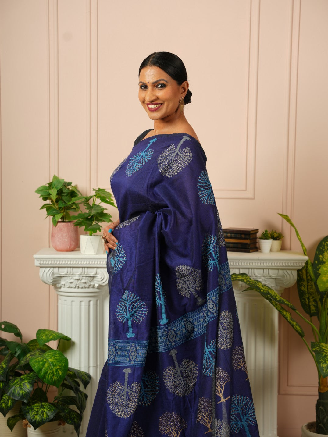 Tree of Life- Dark Blue HandBlock Cotton Saree | SHOBITAM