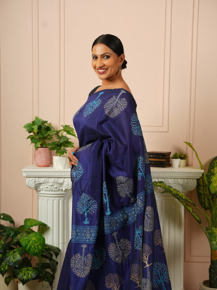 Tree of Life- Dark Blue HandBlock Cotton Saree | SHOBITAM