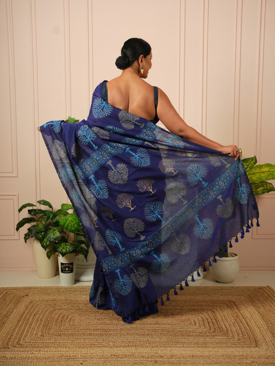 Tree of Life- Dark Blue HandBlock Cotton Saree | SHOBITAM